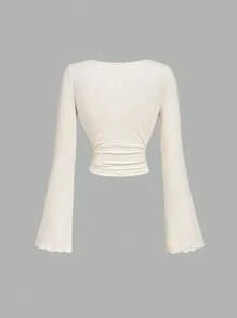 SHEIN MOD 女士休闲百搭圆领喇叭袖杏色 T 恤，女士秋冬装，返校装，乡村音乐会装，返校节装，商务休闲女装，女士工作装，波西米亚风，教师装，褶饰上衣，长袖上衣，垂褶领上衣，秋季上衣 - 杏色 - 查看 2