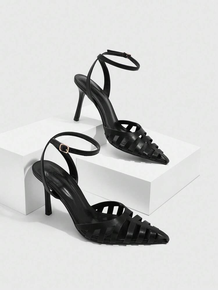 CUCCOO SZL Sapato Scarpin Feminino Preto de Salto Alto Elegante e Sexy para Festa, Bico Fino e Tira Vazada em Couro Sintético (PU)