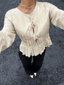 Siren Gaze 女士褶皱圆领系带长袖衬衫 - 杏色 - 查看 7