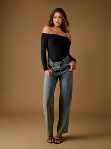 MISSGUIDED 优雅露肩长袖紧身衣褶皱领口芭蕾紧身衣合身无缝裹身晚会弹力紧身衣 - 黑色 - 查看 4