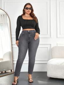 SHEIN Cottnline 98%Cotton Plus High Waist Raw Cut Skinny Jeans - Black - View 3