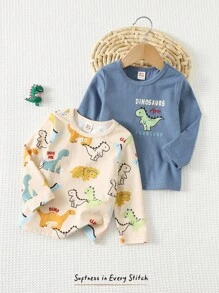 Cozy Pixies 2 pezzi Set di magliette a maniche lunghe in maglia morbida con collo a giro e stampa di dinosauri per bambini maschi, magliette leggere con grafica di dinosauri