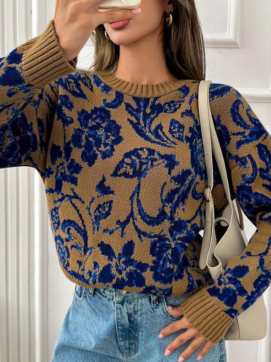 SHEIN Tall 秋冬季高码女士休闲圆领长袖毛衣 - 彩色 - 查看 1