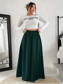 SHEIN EZwear 大码女式纯色松紧腰休闲A字裙 - 綠色 - 查看 4