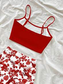 Soleia 2pcs/Set Casual Floral Print Crop Camisole And Skirt, Suitable For Summer Vacation Outfits Woman 2 Pieces Red Two Set - Red - View 4