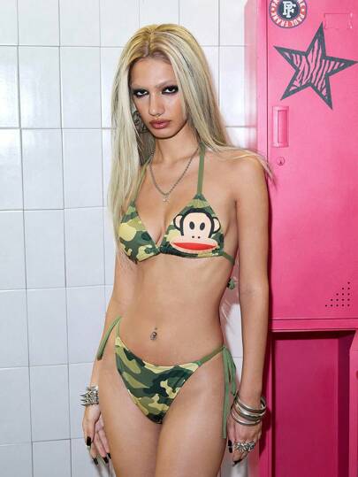 Paul Frank X ROMWE Camouflage & Cartoon Patter Halter Wireless Bra And Panty Set For Women
