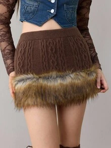 ROMWE J-Fashion Minifalda de suéter con parches de punto trenzado, borde esponjoso y versátil estilo Y2K