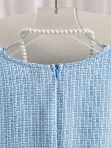 Franclia 大码女式圆领单排扣优雅粗花呢短袖连衣裙 - 藍色 - 查看 6