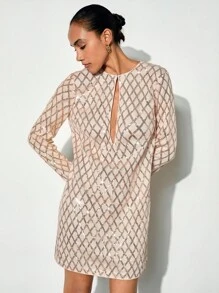 Maija 女士圆领镂空露肩长袖H字短款连衣裙，优雅都市休闲商务风 - 杏色 - 查看 5