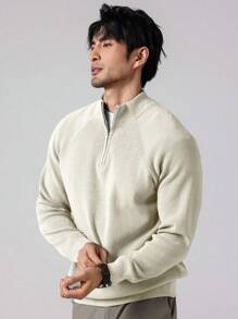 Manfinity Homme Casual Fashion Versatile Solid Color Loose Fit Long Sleeve Men Sweater Quarter Zip Sweater Men Mock Neck , Fall Winter - Apricot - View 3