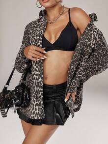 Jeanoix Women's Leopard Print Loose Oversized Denim Jacket - Multicolor - View 3