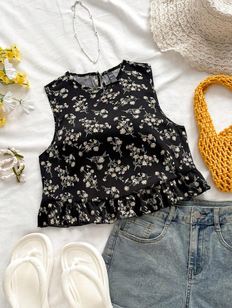 Soleia Top floral bajo con fruncido - Negro - Ver 1