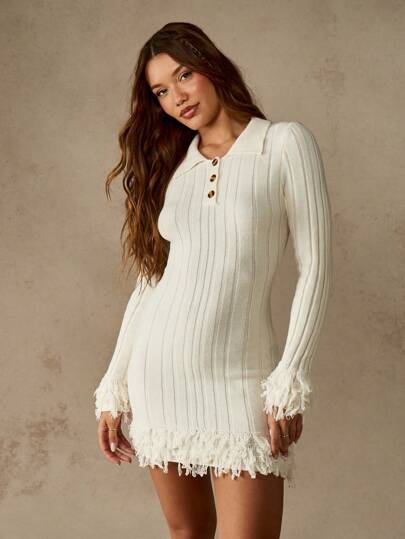 Long Sleeve Missguided White Crochet Dress MISSGUIDED Polo