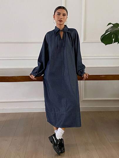 DAZY 女式 Polo 领牛仔衬衫裙，抽绳领设计，宽松长款牛仔裙