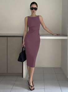 DAZY Đầm midi bodycon màu trơn xẻ tà phía trước cho nữ, váy suông thanh lịch không tay - Màu tím - Xem 1