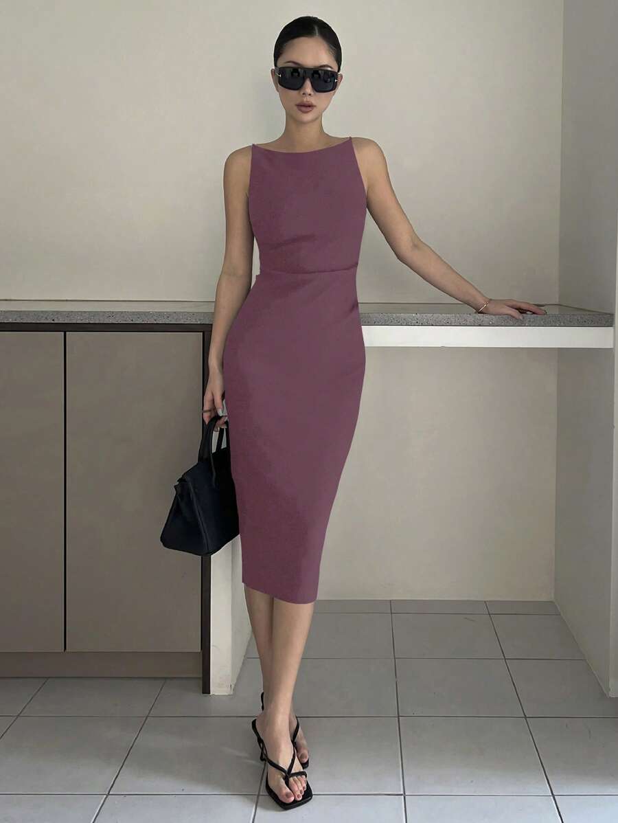 DAZY Đầm midi bodycon màu trơn xẻ tà phía trước cho nữ, váy suông thanh lịch không tay - Màu tím - Xem 1