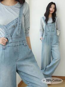 K-Vae 女士浅蓝色水洗阔腿牛仔背带裤，韩版秋季女装，秋季女装，返校服，教师装 - 淺色水洗藍 - 查看 1