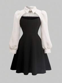 SHEIN Vestido casual minimalista y cómodo con mangas abullonadas y cintura ceñida para niña preadolescente