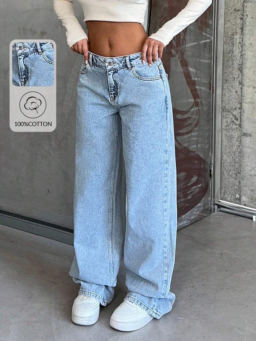 EURMUSE 100% Cotton LOW RISE WIDELEG CUT LIGHT BLUE WOMEN JEAN - Light Wash - View 1