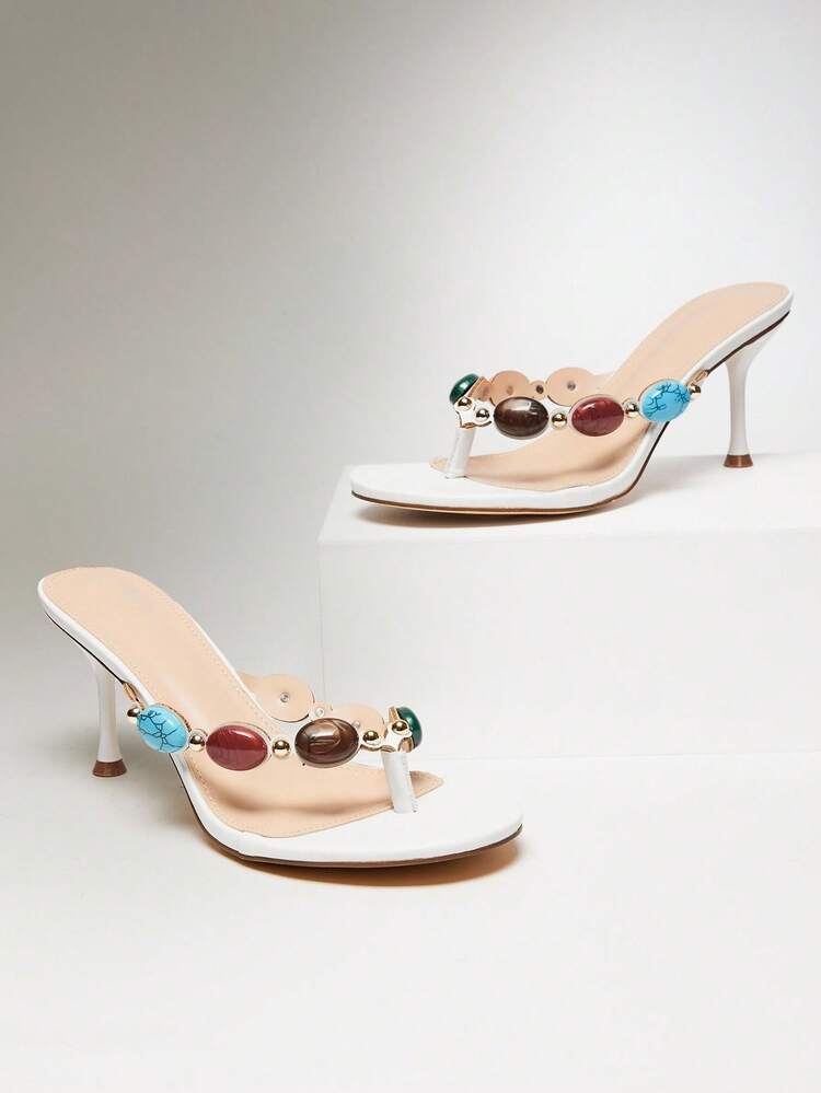 SHUZIA 女士宝石装饰细高跟日常复古性感沙滩优雅 PU 白色高跟凉鞋 - 白色 - 查看 3