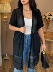 Elenzga Áo khoác cardigan ren sọc đứng cỡ lớn cho nữ - màu đen - Xem 6