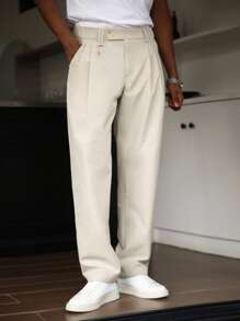 Calvornis Men's Casual Solid Color Suit Pants - Beige - View 5