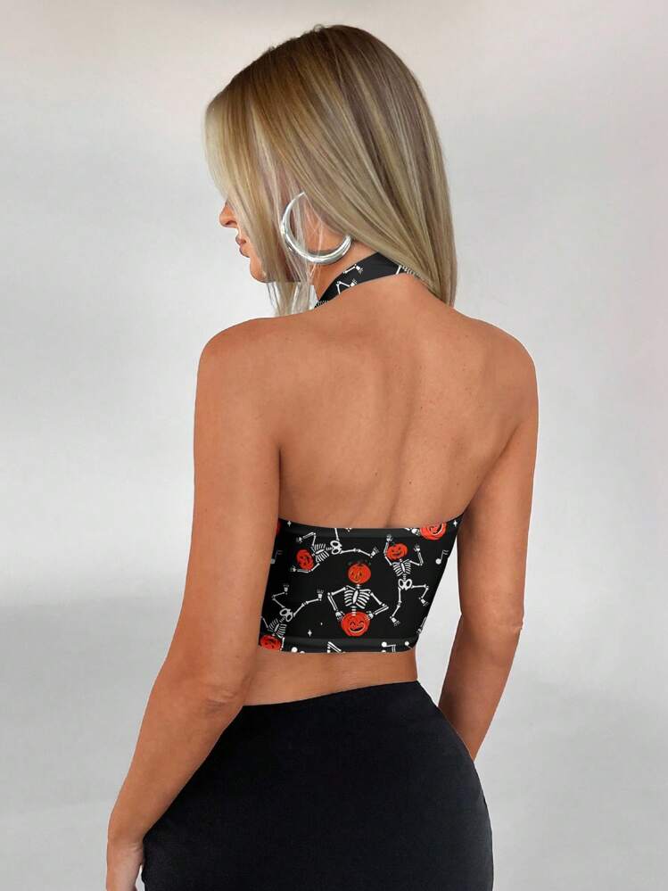 Aloruh Women's Halloween Skeleton Pumpkin Metal Ring Halter Neck Tank Top, Halloween Top, Halloween Clothes - Black - View 2