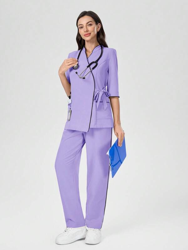 Scrubzie 2pcs Women's Scrub Uniform Set, Black Contrast Color Wrinkle-Resistant Crossover Top And Pants
