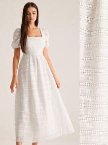 GENKIRA Fashionable & Elegant Fringed Crochet Fabric Square Collar Short Sleeve Dress, Early Autumn - White - View 3
