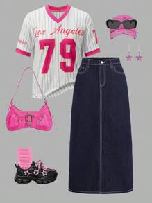 SHEIN Girlism 少女 Y2K 休闲装 2000 年代复古纯色水洗高腰老款休闲牛仔宽松牛仔裤长裙，撞色缝线，适合日常旅行、户外、居家、早午餐、茶会、通勤、机场穿着，女孩秋季服装，少女返校学院风返校节服装 - 深色水洗藍 - 查看 1