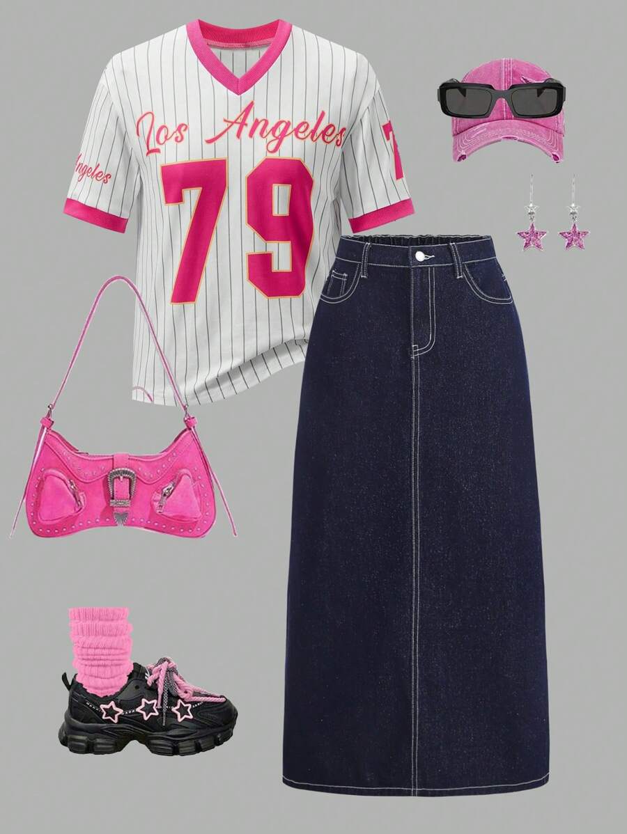 SHEIN Girlism 少女 Y2K 休闲装 2000 年代复古纯色水洗高腰老款休闲牛仔宽松牛仔裤长裙，撞色缝线，适合日常旅行、户外、居家、早午餐、茶会、通勤、机场穿着，女孩秋季服装，少女返校学院风返校节服装 - 深色水洗藍 - 查看 1