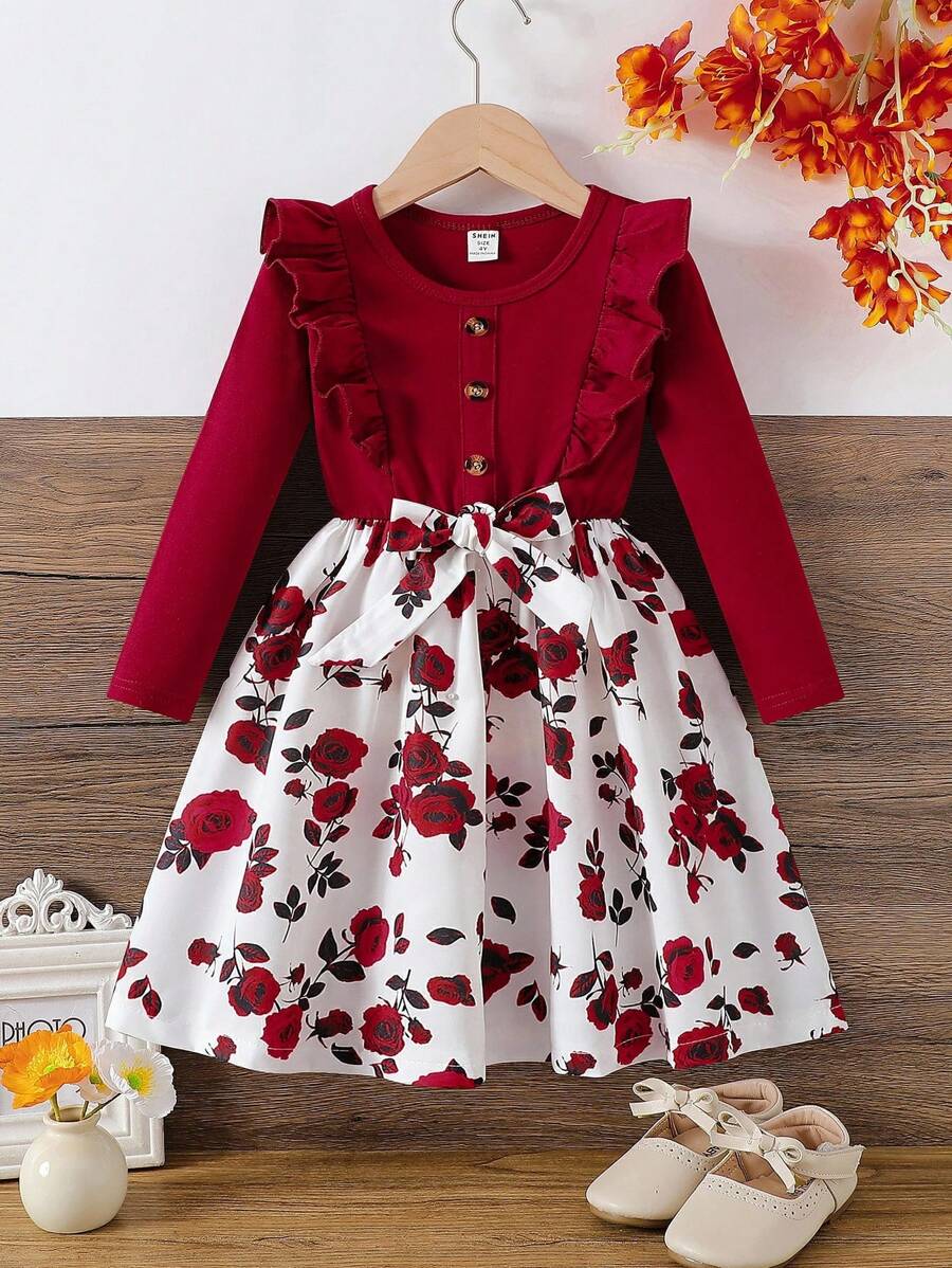 SHEIN 女童玫瑰印花荷叶边下摆收腰 A 字中长连衣裙，春秋