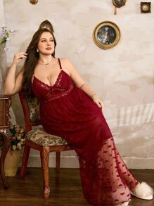 SHEIN 加大码勃艮第红色蕾丝性感细肩带长睡袍