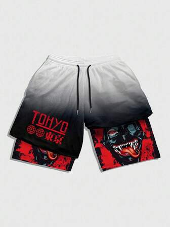 Anime Pantalones cortos con cordón en la cintura, de doble capa, con estampado de letras y dibujos animados para hombres