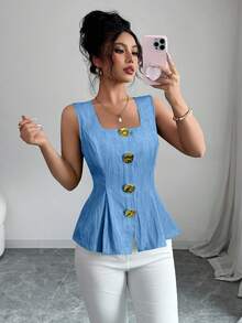 Elenzga Summer New Arrival French Elegant Fashion Big Metal Button Backless Tie Sleeveless Solid Color Blouse For Women - Blue - View 4