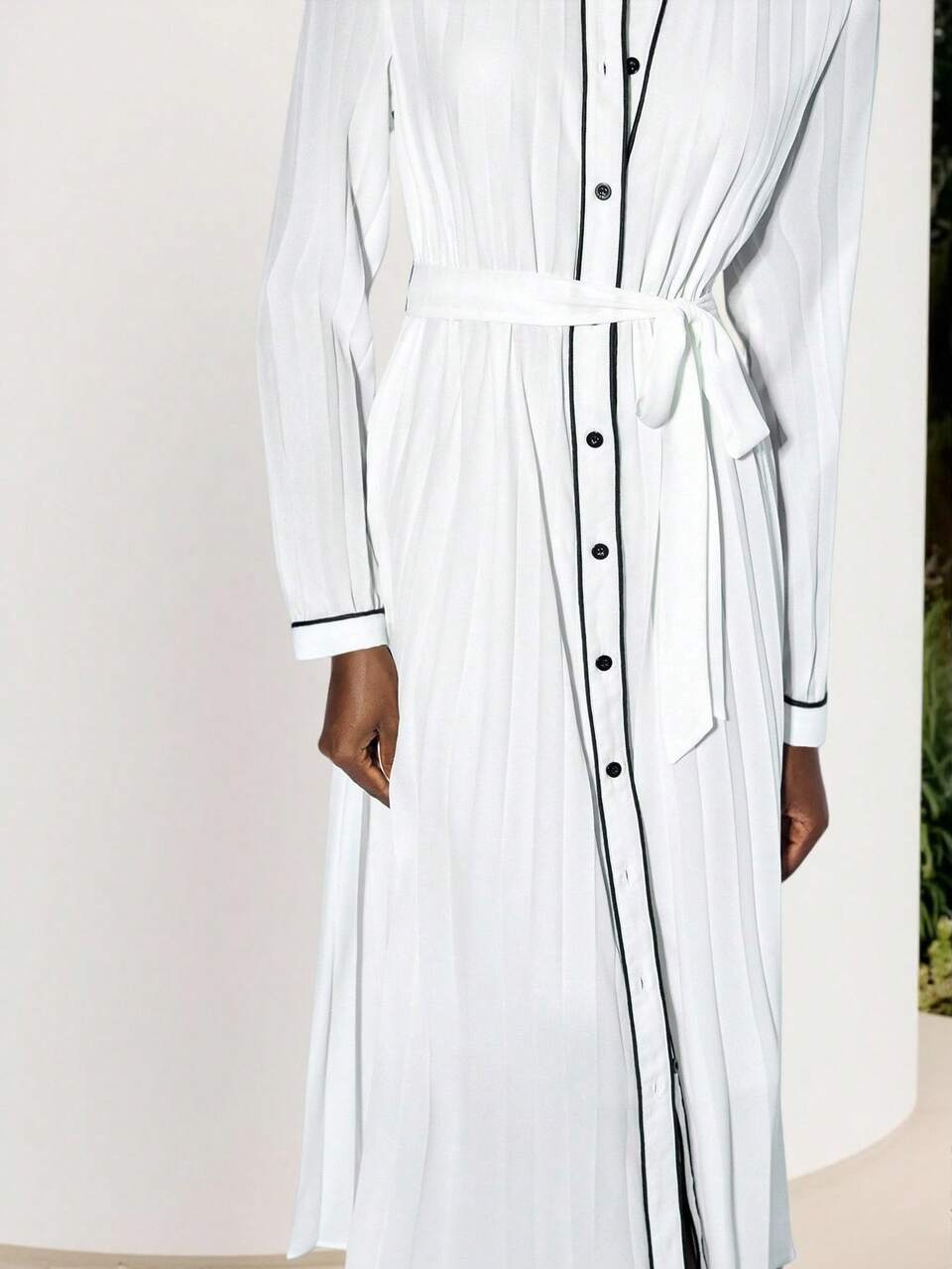 SHEIN Maija Women Black And White Elegant Single-Breasted Long Sleeve Shirt Dress,Autumn Pleated Button Up Midi Dress,Bohemian Teacher Outfits For Tea Party