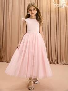 Tween Girls' Elegant Luxurious Round Neck Bowknot Midi Dress, Suitable For Evening Party, Wedding, Holiday, Christmas, Halloween, Birthday, Graduation And Other Occasions Fall Winter - Pink - View 1