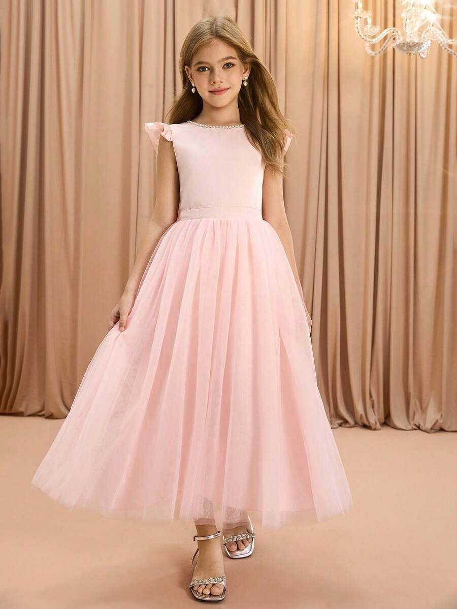 Tween Girls' Elegant Luxurious Round Neck Bowknot Midi Dress, Suitable For Evening Party, Wedding, Holiday, Christmas, Halloween, Birthday, Graduation And Other Occasions Fall Winter - Pink - View 1
