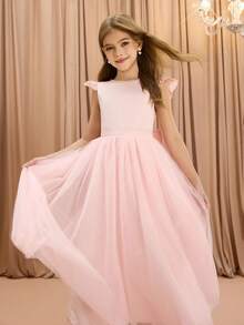 Tween Girls' Elegant Luxurious Round Neck Bowknot Midi Dress, Suitable For Evening Party, Wedding, Holiday, Christmas, Halloween, Birthday, Graduation And Other Occasions Fall Winter - Pink - View 6