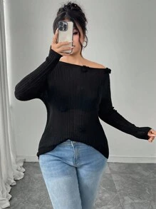 Modelyn Plus Size Women 3D Floral Decor Solid Color Casual Pullover Sweater Fall Winter Cloth For Women Autumn - Black - View 5