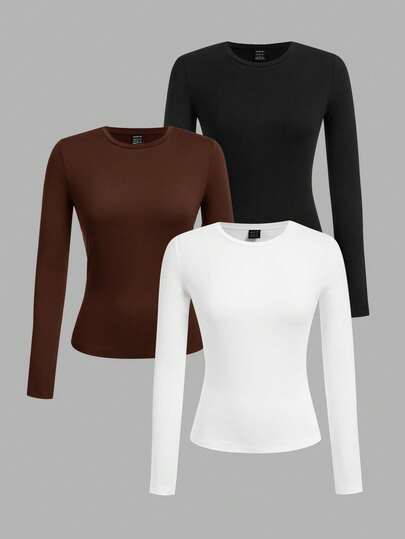 SHEIN EZwear 3 قطعة/مجموعة بلايز نسائية بتصميم رقبة طاقم, بأكمام طويلة, لونها واحد, ملائمة القوام, تناسب فصول الربيع والخريف والشتاء