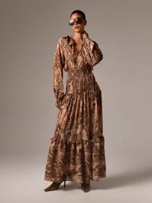 AiiRZ 波西米亚蛇纹印花长裙，长款灯笼袖，褶饰腰部飘逸荷叶边下摆，秋冬节日波西米亚风格，沙漠时尚 - 彩色 - 查看 1