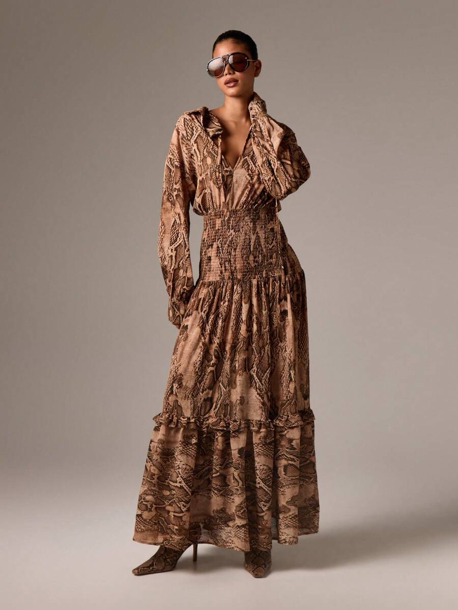 AiiRZ 波西米亚蛇纹印花长裙，长款灯笼袖，褶饰腰部飘逸荷叶边下摆，秋冬节日波西米亚风格，沙漠时尚 - 彩色 - 查看 1
