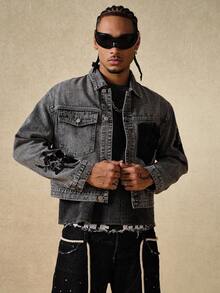 ROMWE MEN Street Life 男式拼色口袋前扣刺绣休闲牛仔长袖夹克 - 深灰色 - 查看 5