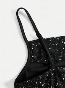 SHEIN Girlism Teen Girls Black Knit Metallic Foil Spaghetti Strap Waist Ruched Snug Fit Mini Party Dress Sparkle Dress Party Outfit Girls Teen Party Outfit Cute Black Dress Black Glitter Dress - Black - View 3