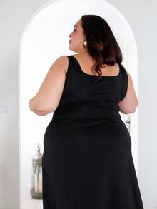 Plus Size Solid Square Neck Sleeveless Dress Maxi Women Outfit - Black - View 2