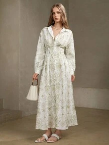 女士优雅刺绣腰部收紧前扣长裙 - 綠色 - 查看 3