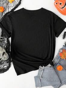 EMERY ROSE 1pc Plus Size Halloween Cartoon Print Short Sleeve T-Shirt - Black - View 2