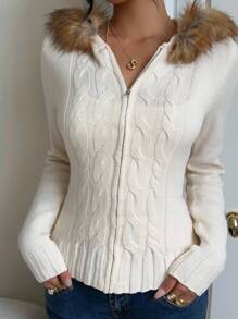 SHEIN EZwear Women's Knitted Long Sleeve Fitted Zip-Up Cardigan With Cable Knit Pattern,Back To School,Autume/Winter,Fall - White - View 1