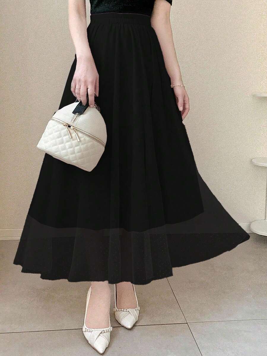 FRIFUL Swiss Dot Elastic Waist A-Line Skirt - Black - View 1